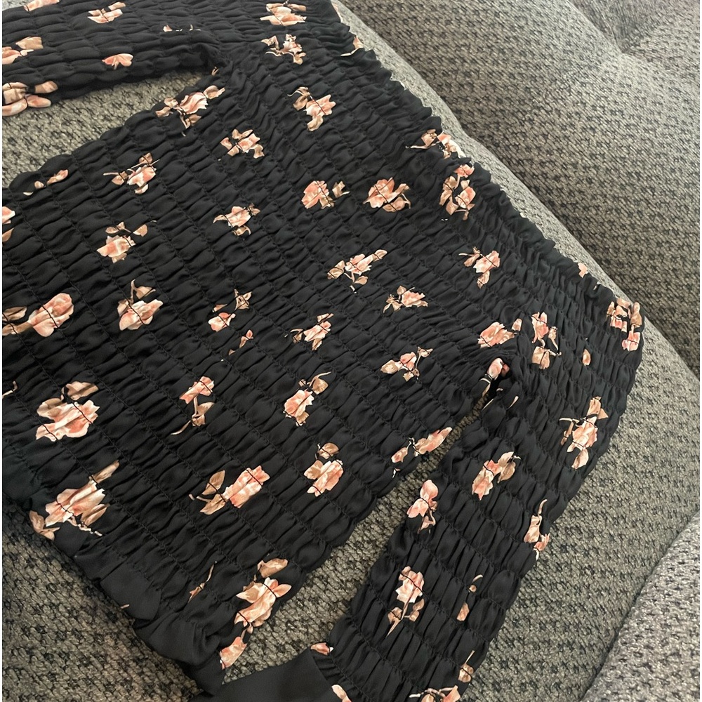 Black and Pink Floral Long Sleeve Smocked Blouse